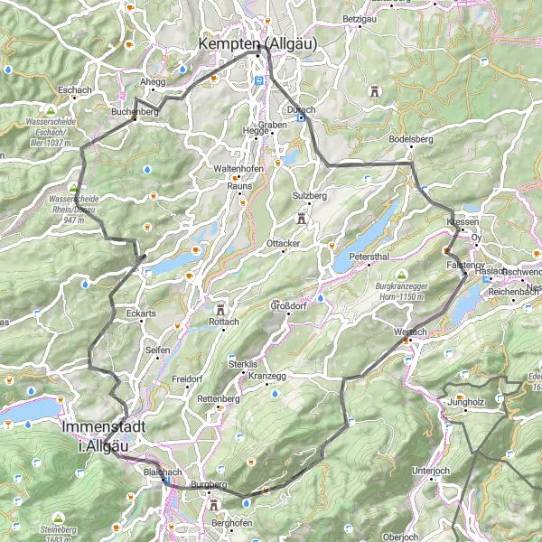 Map miniature of "Road Ride through Allgäu" cycling inspiration in Schwaben, Germany. Generated by Tarmacs.app cycling route planner