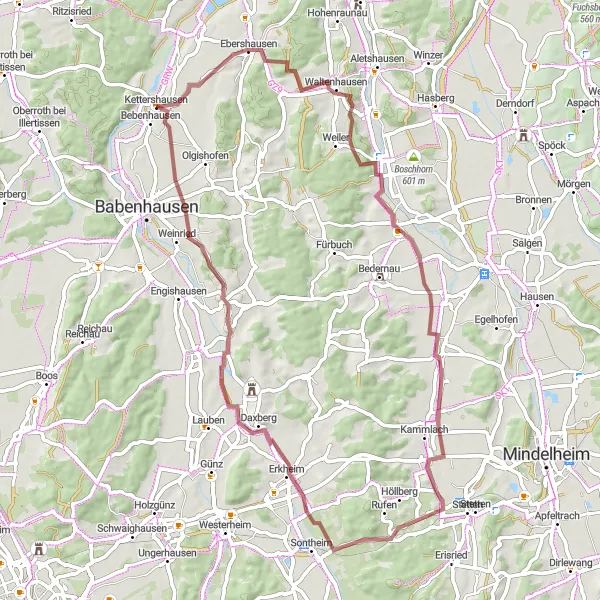 Map miniature of "Ebershausen Loop By Gravel" cycling inspiration in Schwaben, Germany. Generated by Tarmacs.app cycling route planner