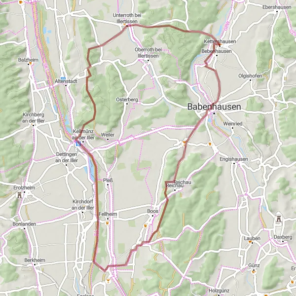 Map miniature of "Serene Gravel Loop from Kettershausen" cycling inspiration in Schwaben, Germany. Generated by Tarmacs.app cycling route planner