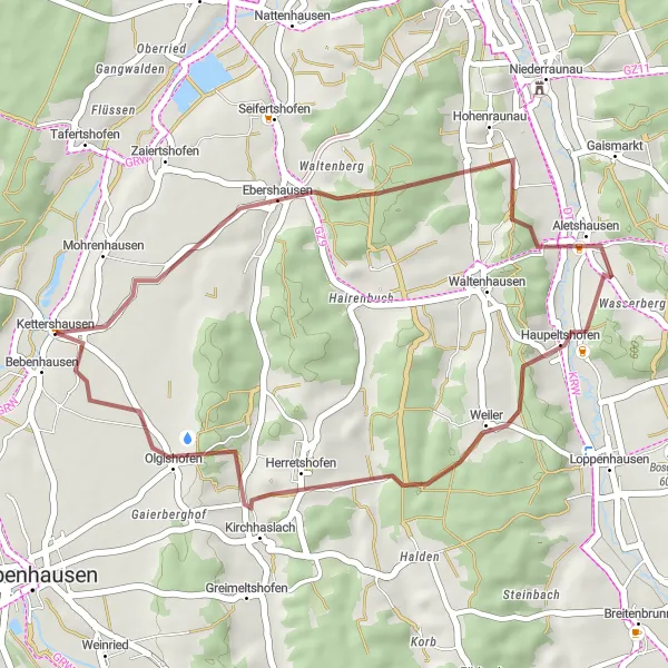Map miniature of "Scenic Gravel Route near Kettershausen" cycling inspiration in Schwaben, Germany. Generated by Tarmacs.app cycling route planner
