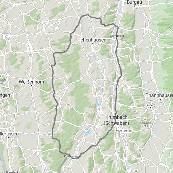 Map miniature of "Meßhofen Round-Trip" cycling inspiration in Schwaben, Germany. Generated by Tarmacs.app cycling route planner