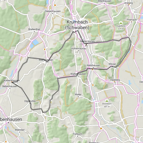 Karten-Miniaturansicht der Radinspiration "Roadtour durch Ebershausen und Umgebung" in Schwaben, Germany. Erstellt vom Tarmacs.app-Routenplaner für Radtouren