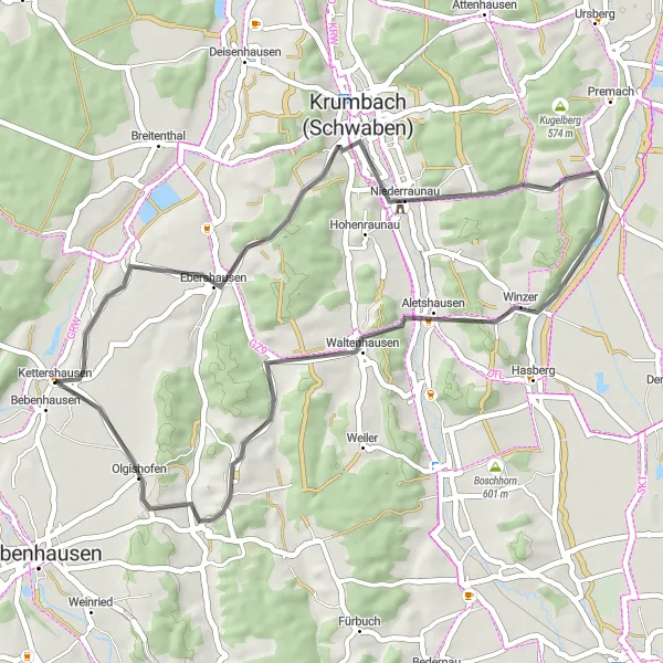 Map miniature of "Road Ride to Mindelzell" cycling inspiration in Schwaben, Germany. Generated by Tarmacs.app cycling route planner