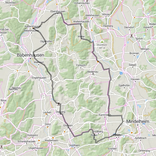 Map miniature of "Scenic Loop to Oberschönegg" cycling inspiration in Schwaben, Germany. Generated by Tarmacs.app cycling route planner