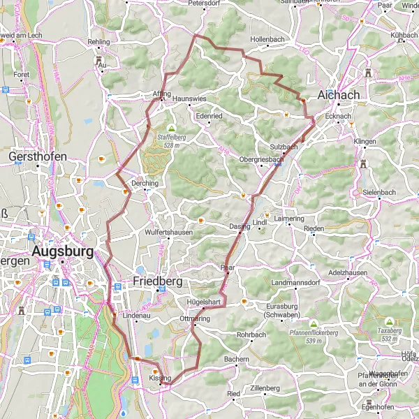 Karten-Miniaturansicht der Radinspiration "Gravel-Rundtour von Kissing nach Ottmaring" in Schwaben, Germany. Erstellt vom Tarmacs.app-Routenplaner für Radtouren