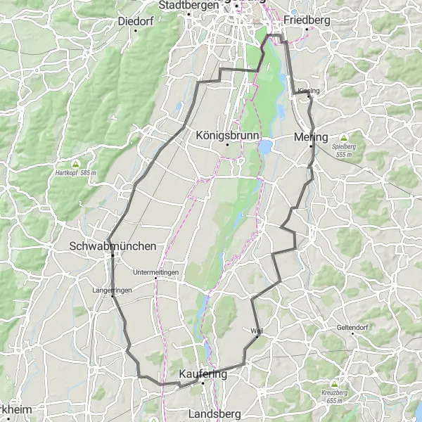 Karten-Miniaturansicht der Radinspiration "Rundfahrt um Kissing und Umgebung" in Schwaben, Germany. Erstellt vom Tarmacs.app-Routenplaner für Radtouren