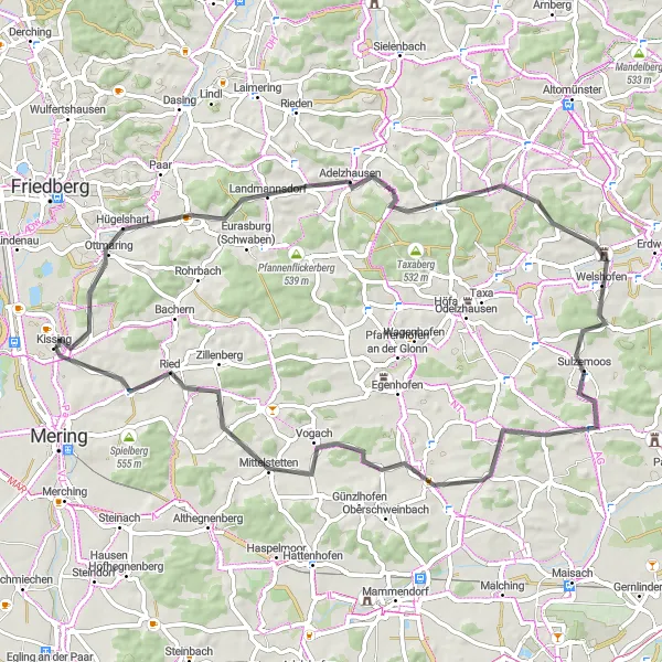 Karten-Miniaturansicht der Radinspiration "Entdeckungstour durch die ländliche Umgebung von Kissing" in Schwaben, Germany. Erstellt vom Tarmacs.app-Routenplaner für Radtouren
