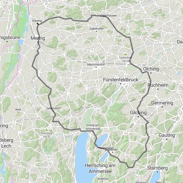 Map miniature of "Mering Highlights (Road)" cycling inspiration in Schwaben, Germany. Generated by Tarmacs.app cycling route planner