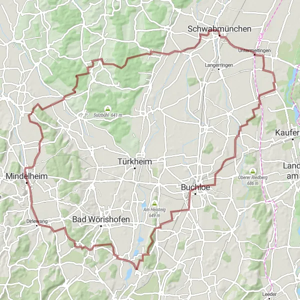 Map miniature of "Gravel Adventure in Lower Lechfeld" cycling inspiration in Schwaben, Germany. Generated by Tarmacs.app cycling route planner