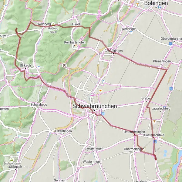 Map miniature of "Waldberg Exploration" cycling inspiration in Schwaben, Germany. Generated by Tarmacs.app cycling route planner