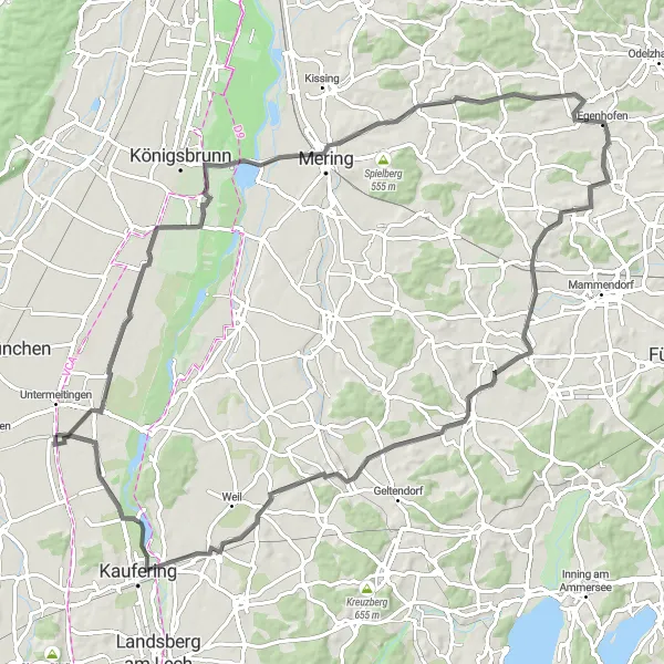 Map miniature of "Lechfeld Nord Loop" cycling inspiration in Schwaben, Germany. Generated by Tarmacs.app cycling route planner