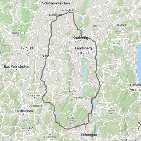 Map miniature of "Lechfeld Classic" cycling inspiration in Schwaben, Germany. Generated by Tarmacs.app cycling route planner