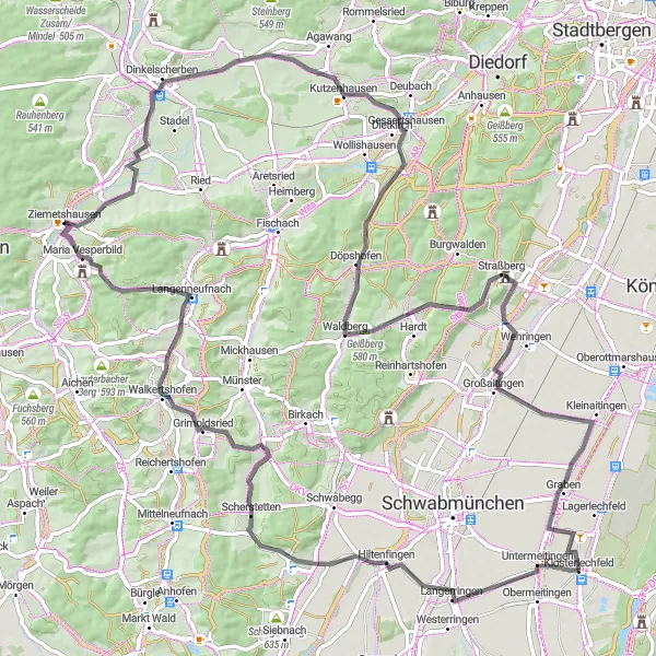 Map miniature of "Ride through the Enchanting Landscapes of Ziemetshausen" cycling inspiration in Schwaben, Germany. Generated by Tarmacs.app cycling route planner