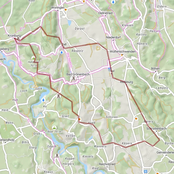 Map miniature of "Hidden Gravel Paths" cycling inspiration in Schwaben, Germany. Generated by Tarmacs.app cycling route planner