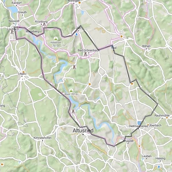 Map miniature of "Kronburg-Lautrach Cycle Tour" cycling inspiration in Schwaben, Germany. Generated by Tarmacs.app cycling route planner