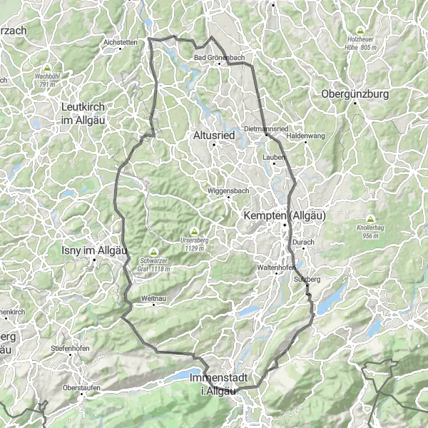 Map miniature of "Kronburg-Kempten Loop" cycling inspiration in Schwaben, Germany. Generated by Tarmacs.app cycling route planner