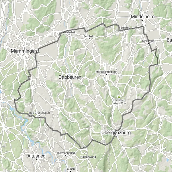 Map miniature of "Kronburg Road Adventure" cycling inspiration in Schwaben, Germany. Generated by Tarmacs.app cycling route planner