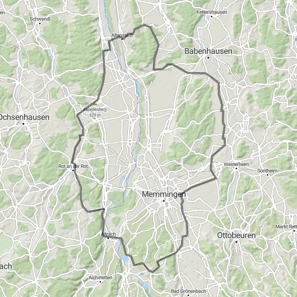 Map miniature of "Scenic Road Journey with Cultural Delights" cycling inspiration in Schwaben, Germany. Generated by Tarmacs.app cycling route planner