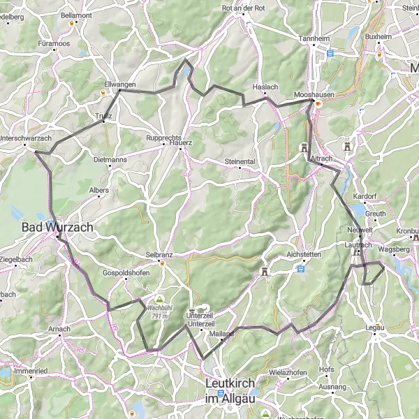 Map miniature of "Wigelis and Castles" cycling inspiration in Schwaben, Germany. Generated by Tarmacs.app cycling route planner