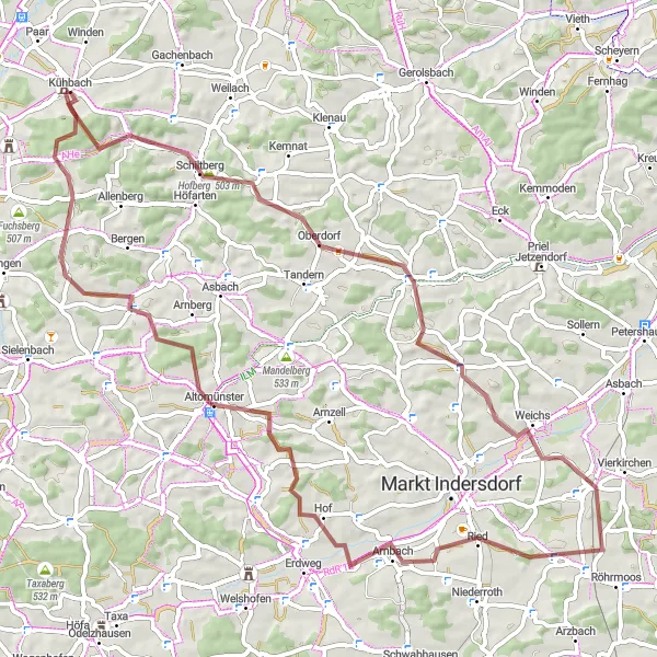 Map miniature of "Altomünster Gravel Adventure" cycling inspiration in Schwaben, Germany. Generated by Tarmacs.app cycling route planner