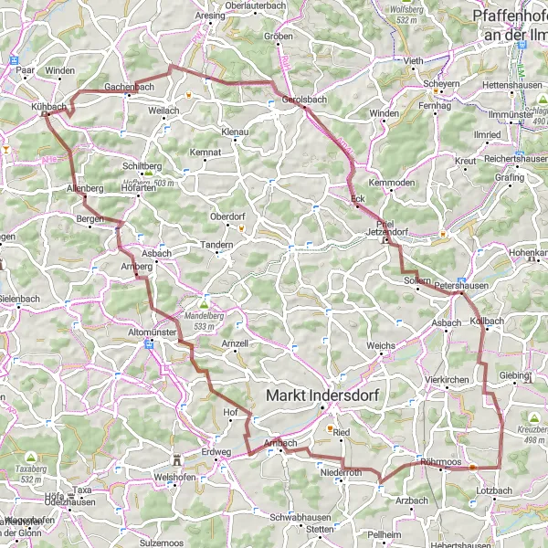 Map miniature of "Kühbach Gravel Adventure" cycling inspiration in Schwaben, Germany. Generated by Tarmacs.app cycling route planner