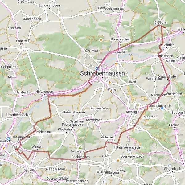 Karten-Miniaturansicht der Radinspiration "Kühbach - Kühbach Graveltour" in Schwaben, Germany. Erstellt vom Tarmacs.app-Routenplaner für Radtouren