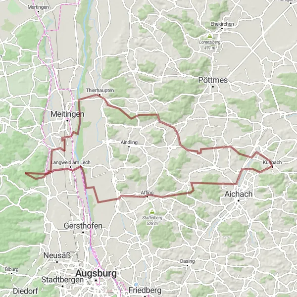 Map miniature of "Lech Valley Ride" cycling inspiration in Schwaben, Germany. Generated by Tarmacs.app cycling route planner