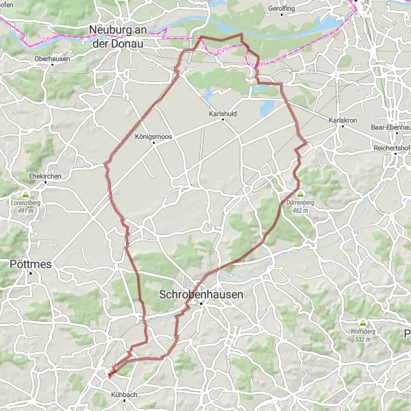 Karten-Miniaturansicht der Radinspiration "Gravel Tour um Kühbach" in Schwaben, Germany. Erstellt vom Tarmacs.app-Routenplaner für Radtouren