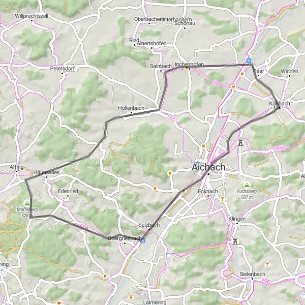 Map miniature of "Aichach to Schloss Kühbach Loop" cycling inspiration in Schwaben, Germany. Generated by Tarmacs.app cycling route planner