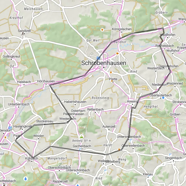 Map miniature of "Schrobenhausen to Kühbach Road Ride" cycling inspiration in Schwaben, Germany. Generated by Tarmacs.app cycling route planner