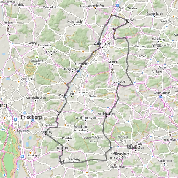 Map miniature of "Sielenbach to Walchshofen Scenic Loop" cycling inspiration in Schwaben, Germany. Generated by Tarmacs.app cycling route planner