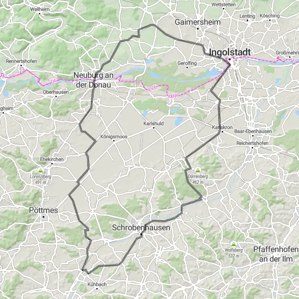 Map miniature of "Ingolstadt Explorer" cycling inspiration in Schwaben, Germany. Generated by Tarmacs.app cycling route planner