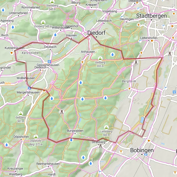 Map miniature of "Diedorf and the Schmuttertal" cycling inspiration in Schwaben, Germany. Generated by Tarmacs.app cycling route planner