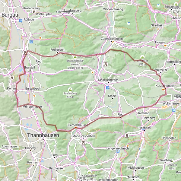 Karten-Miniaturansicht der Radinspiration "Gravel Tour durch Ustersbach und Jettingen" in Schwaben, Germany. Erstellt vom Tarmacs.app-Routenplaner für Radtouren
