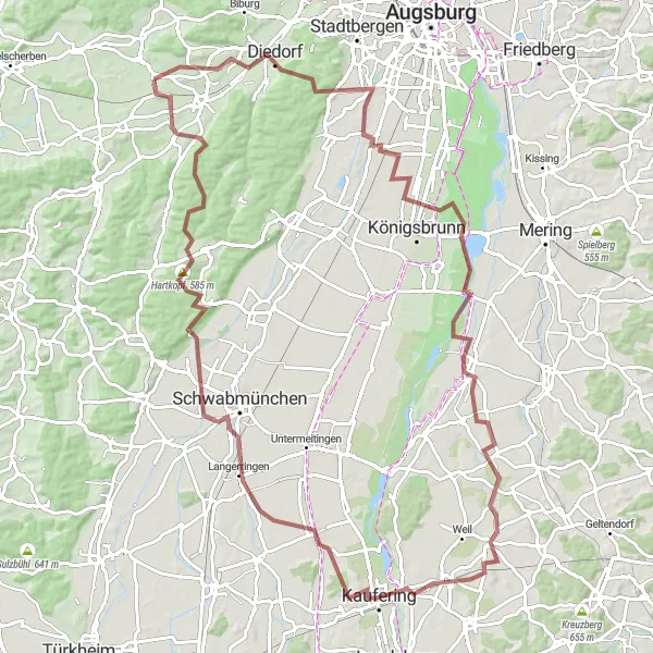 Karten-Miniaturansicht der Radinspiration "Kutzenhausen - Diedorf - Inningen" in Schwaben, Germany. Erstellt vom Tarmacs.app-Routenplaner für Radtouren