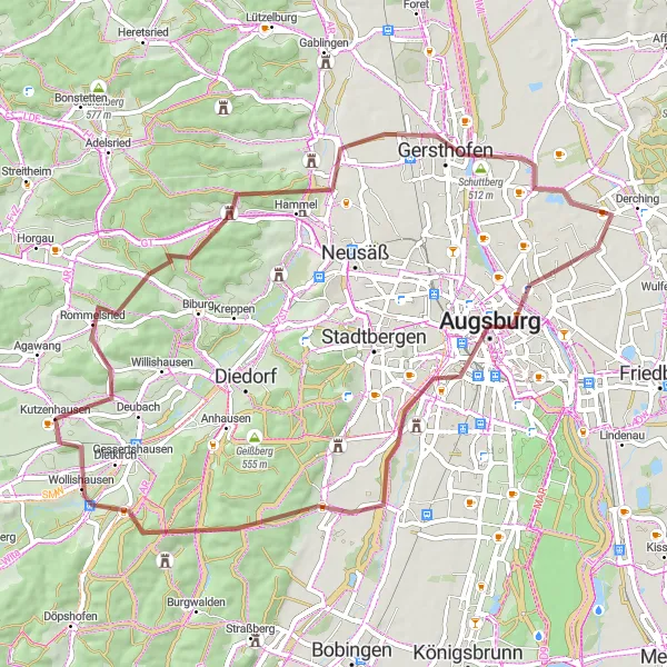 Karten-Miniaturansicht der Radinspiration "Rund um Augsburg und den Eichberg" in Schwaben, Germany. Erstellt vom Tarmacs.app-Routenplaner für Radtouren