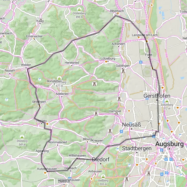 Map miniature of "Horgau and Gersthofen Loop" cycling inspiration in Schwaben, Germany. Generated by Tarmacs.app cycling route planner