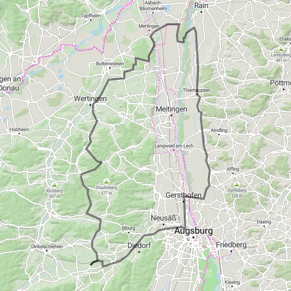 Map miniature of "Horgau to Thierhaupten Expedition" cycling inspiration in Schwaben, Germany. Generated by Tarmacs.app cycling route planner