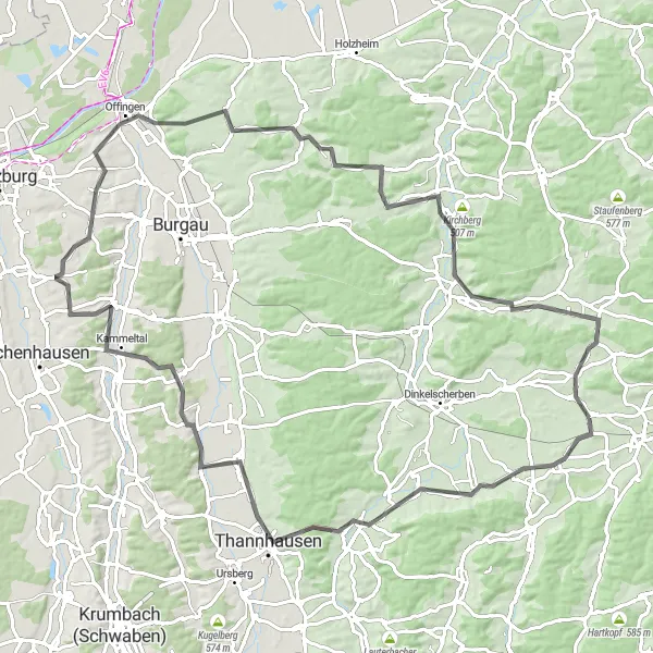 Map miniature of "Road Cycling Adventure in Schwaben" cycling inspiration in Schwaben, Germany. Generated by Tarmacs.app cycling route planner