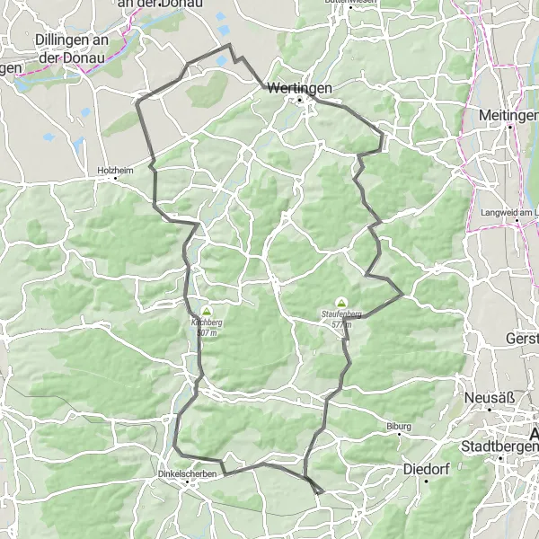 Map miniature of "Scenic Road Cycling through Schwaben" cycling inspiration in Schwaben, Germany. Generated by Tarmacs.app cycling route planner