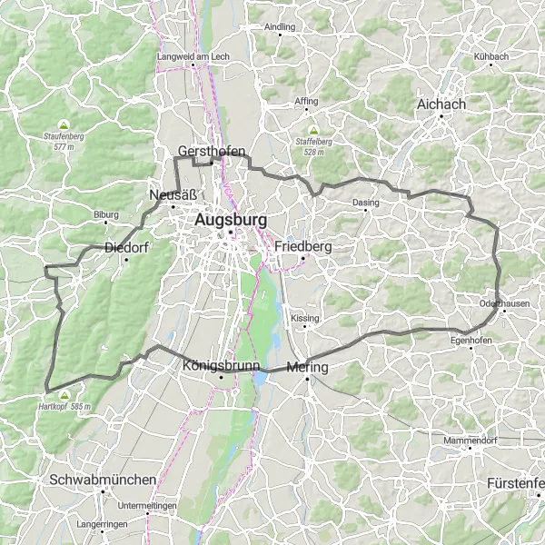 Map miniature of "Cycling Adventure through Bavarian Landscapes" cycling inspiration in Schwaben, Germany. Generated by Tarmacs.app cycling route planner