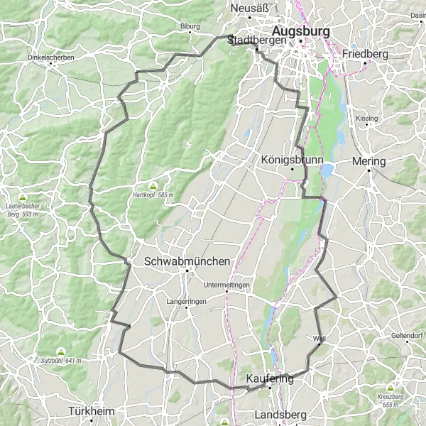 Map miniature of "Road Cycling Adventure towards Fischach" cycling inspiration in Schwaben, Germany. Generated by Tarmacs.app cycling route planner
