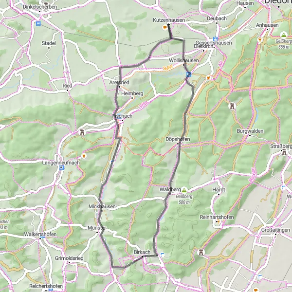 Map miniature of "Scenic Road Cycling Route to Reitenbuch" cycling inspiration in Schwaben, Germany. Generated by Tarmacs.app cycling route planner