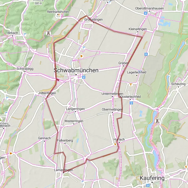 Map miniature of "Scenic Gravel Loop" cycling inspiration in Schwaben, Germany. Generated by Tarmacs.app cycling route planner