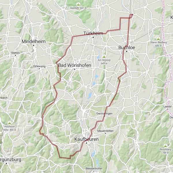 Map miniature of "Challenging Gravel Odyssey" cycling inspiration in Schwaben, Germany. Generated by Tarmacs.app cycling route planner