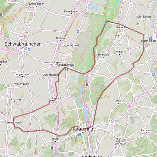 Map miniature of "Gravel Adventure near Lamerdingen" cycling inspiration in Schwaben, Germany. Generated by Tarmacs.app cycling route planner