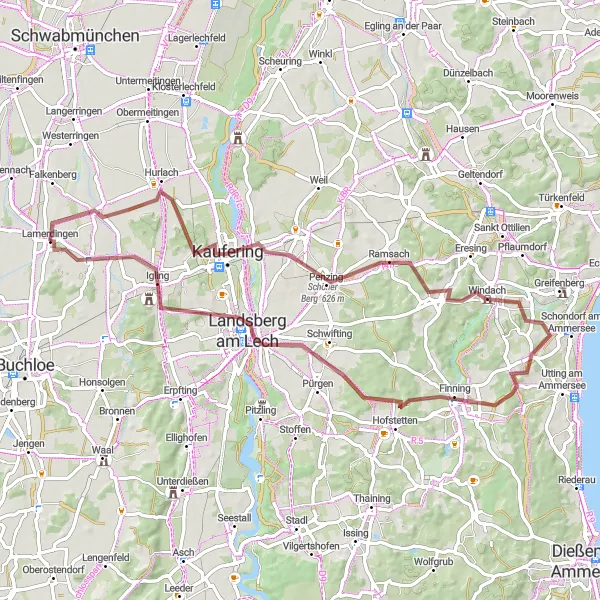 Karten-Miniaturansicht der Radinspiration "Rundtour um Lamerdingen" in Schwaben, Germany. Erstellt vom Tarmacs.app-Routenplaner für Radtouren