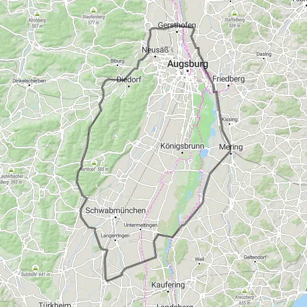 Map miniature of "The Augsburg Rural Escape" cycling inspiration in Schwaben, Germany. Generated by Tarmacs.app cycling route planner