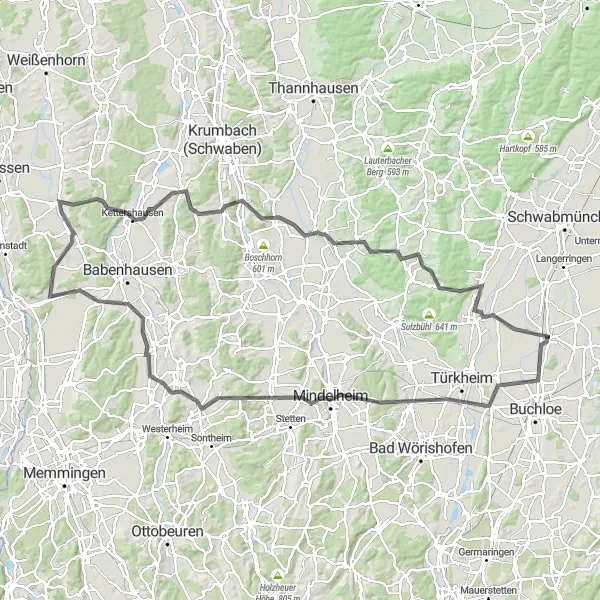 Karten-Miniaturansicht der Radinspiration "Rundtour durch malerische Landschaften" in Schwaben, Germany. Erstellt vom Tarmacs.app-Routenplaner für Radtouren