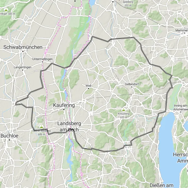 Map miniature of "The Ammersee Loop" cycling inspiration in Schwaben, Germany. Generated by Tarmacs.app cycling route planner